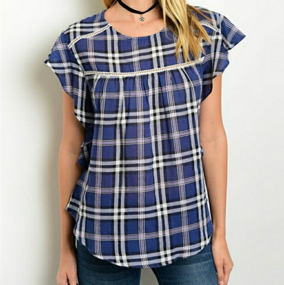 Potter's Pot Navy Lavender Plaid Ruffle Top